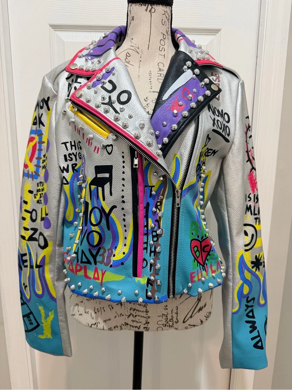 Azalea Wang Graffiti Silver Jacket Embellished Eagle Rose Statement Piece